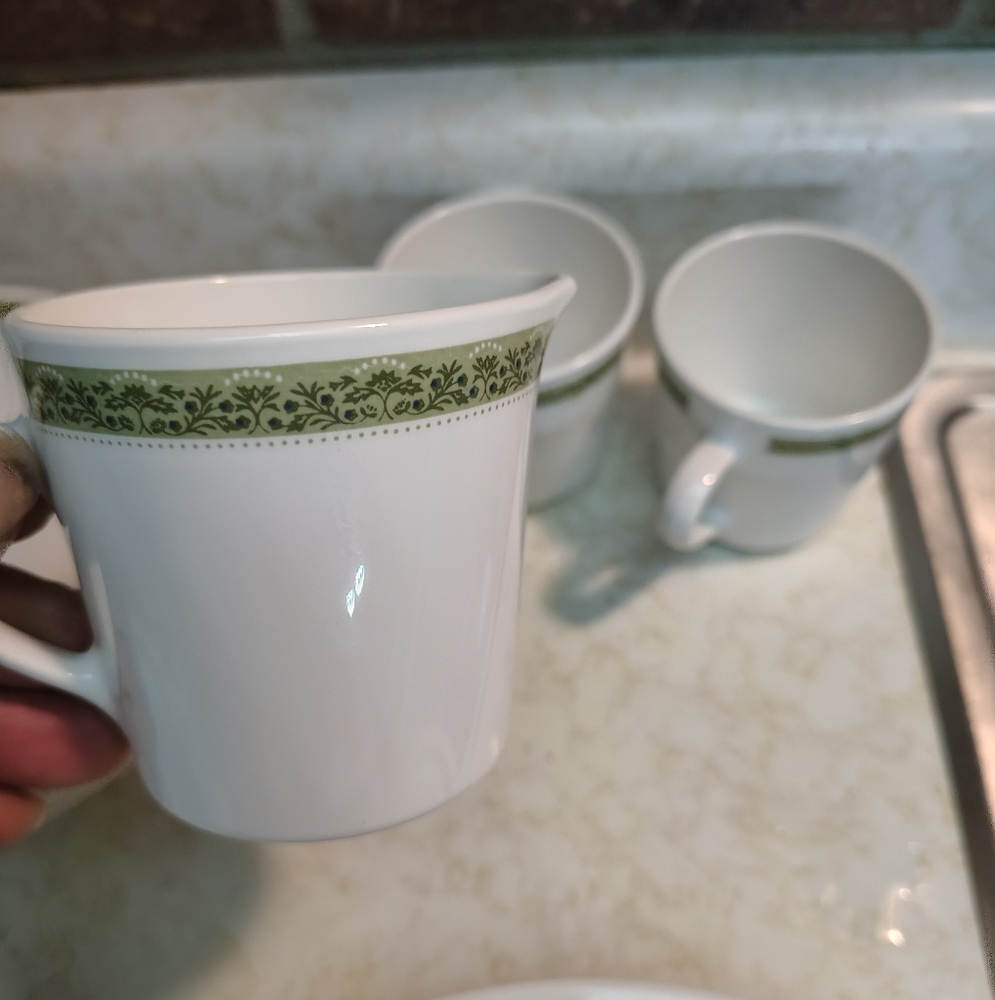 Vintage Centura by Corning Dinnerware Set – Green Floral Border – Plates, Cups,